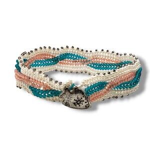 Cream Peach Teal Woven Braided Seed Bead Bracelet Silver Tone Closure Boho